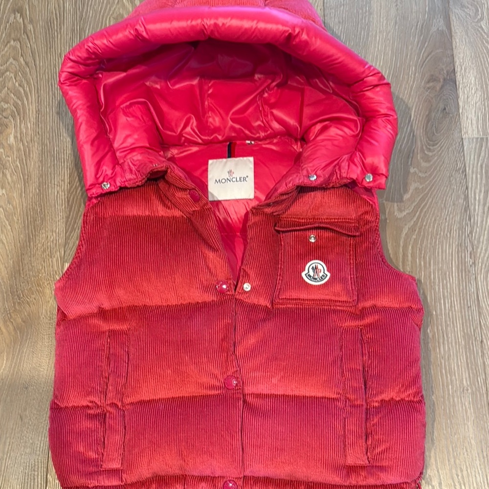 Moncler Red Puffer Curdoroy vest hoodie